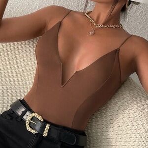 Brown V-Neck Spaghetti Strap Bodysuit size Petite medium
